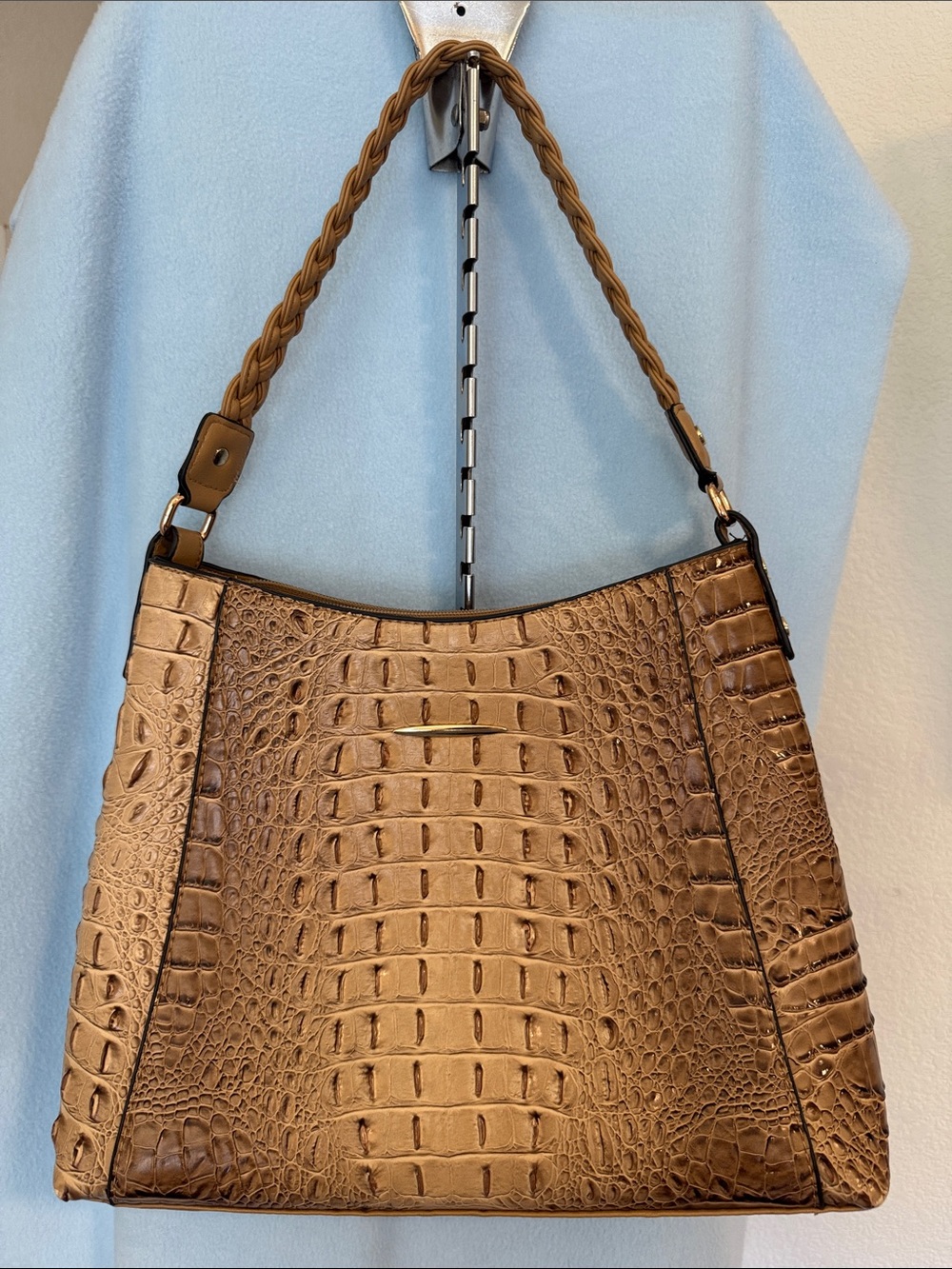 Braided Handle Croc-Embossed Shoulder Bag in Brown